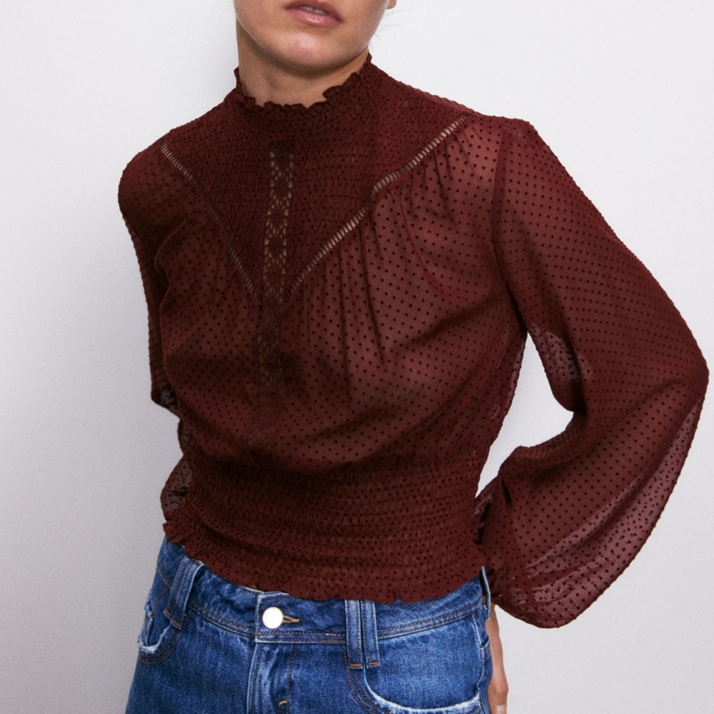 ZARA Burgundy Lace Insert Cropped Top